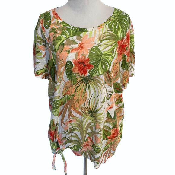 J. Jill Love Linen Womens Size MP Aloha Top Floral Tropical Tie Hem Medium Tee - Picture 2 of 8